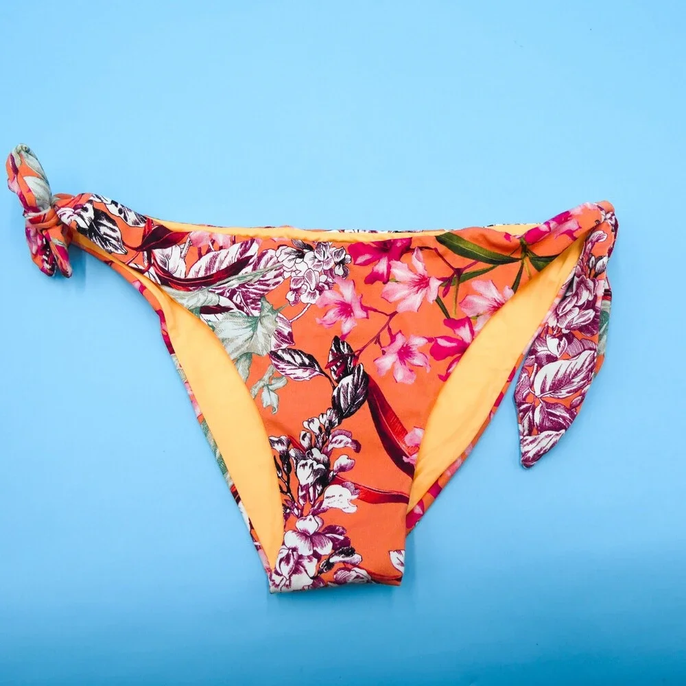 Miss Bikini Luxe Medium Orange Floral Print Brazilian Tie Bikini Bottom Swimwear
